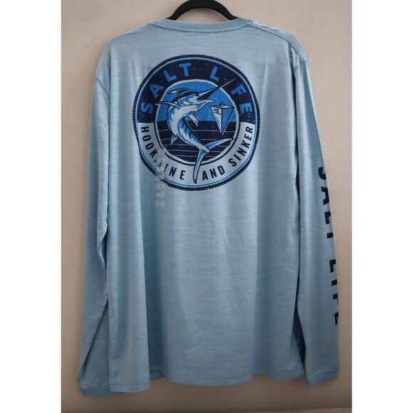 Salt Life Men's Sz L Sky Blue Heather Marlin Sinker Performance L/S Pocket Tee - Picture 2 of 8